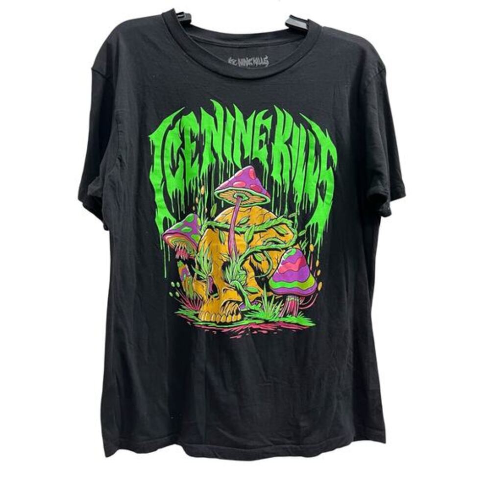 Ice Nine Kills mushroom skull t-shirt  neon green pink thrashed tee sz XL